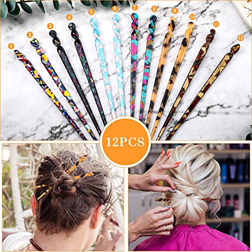 12 Pieces Acetate Hair Sticks Hair Chopsticks Tortoise Shell Leopard Print Shell Pins Vintage Chinese Chopstick Styling Accessories for Women, 6 Style(Vivid Pattern)