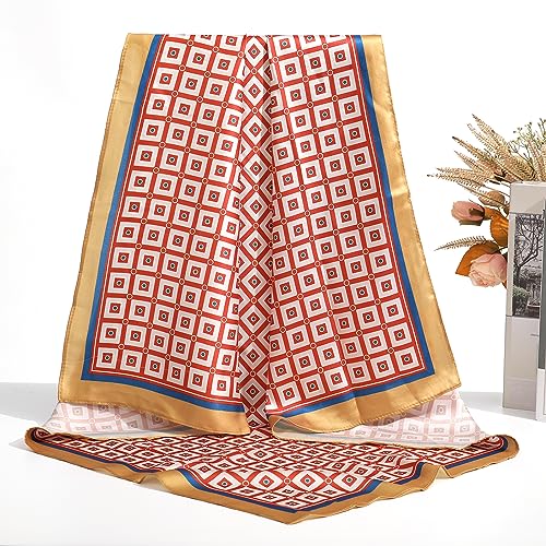 AWAYTR 35” Silk Scarf for Women Large Head Scarf Square Hair Scarf Satin Hair Bandana Printed Silk Sleeping Head Wrap - color: Checkered(brown)