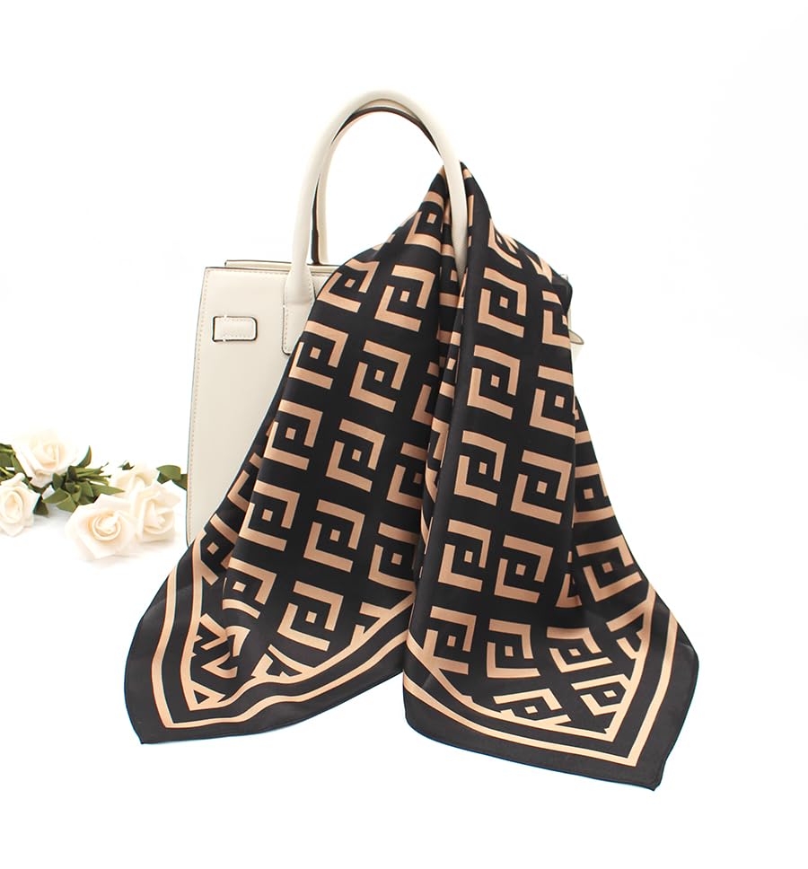 ANDANTINO 100% Mulberry Silk Square Scarf for Hair-25.6" X25.6'' Women Men Natural Silk Neckerchief Digital Printed Headscarf - color: Black&brown