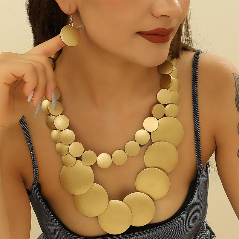 Chunky Wood Beaded Necklace Earrings Set African Tribal Collar Choker Necklace Geometric Ethnic Statement Jewelry - color: gold
