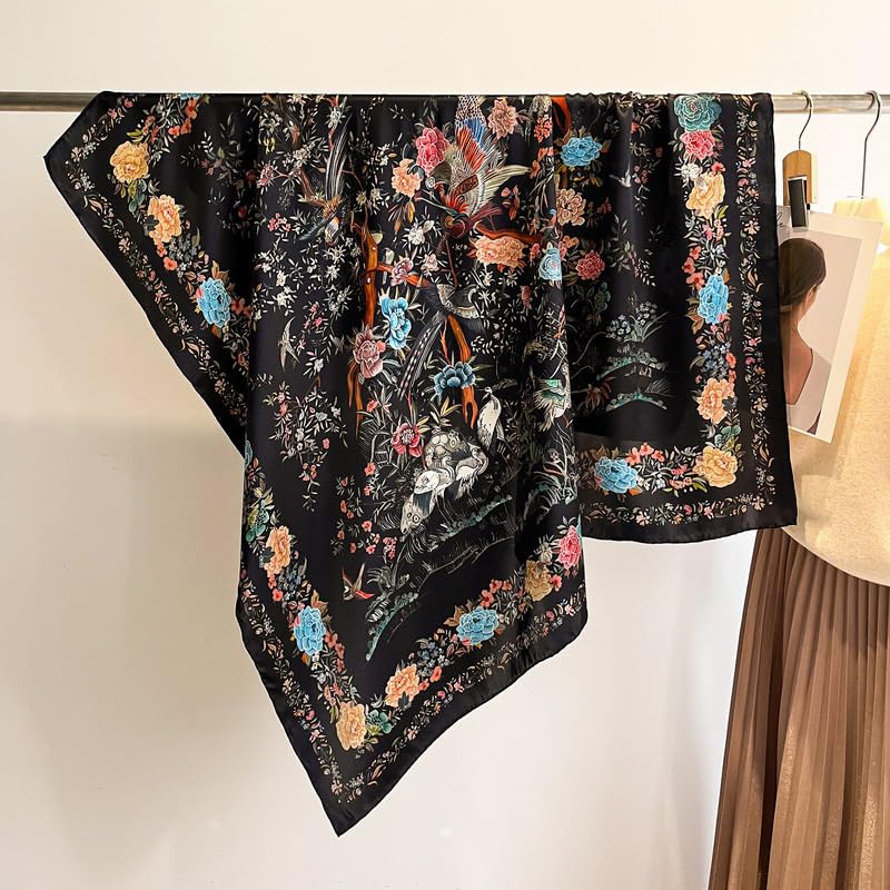 100% Pure Mulberry Silk Scarf 43”*43” Large Square Lightweight Headscarf Women’s Hair Wraps Shawls with Gift Packed - color: Black Flower