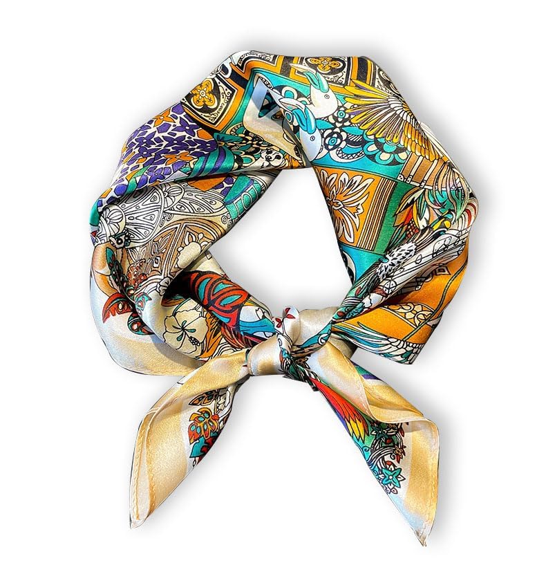 100% Mulberry Silk Neck Scarf - 21'' x 21'' Lightweight Neckerchief - Women Men Small Square Digital Printed Scarves - color: Beige Graffiti