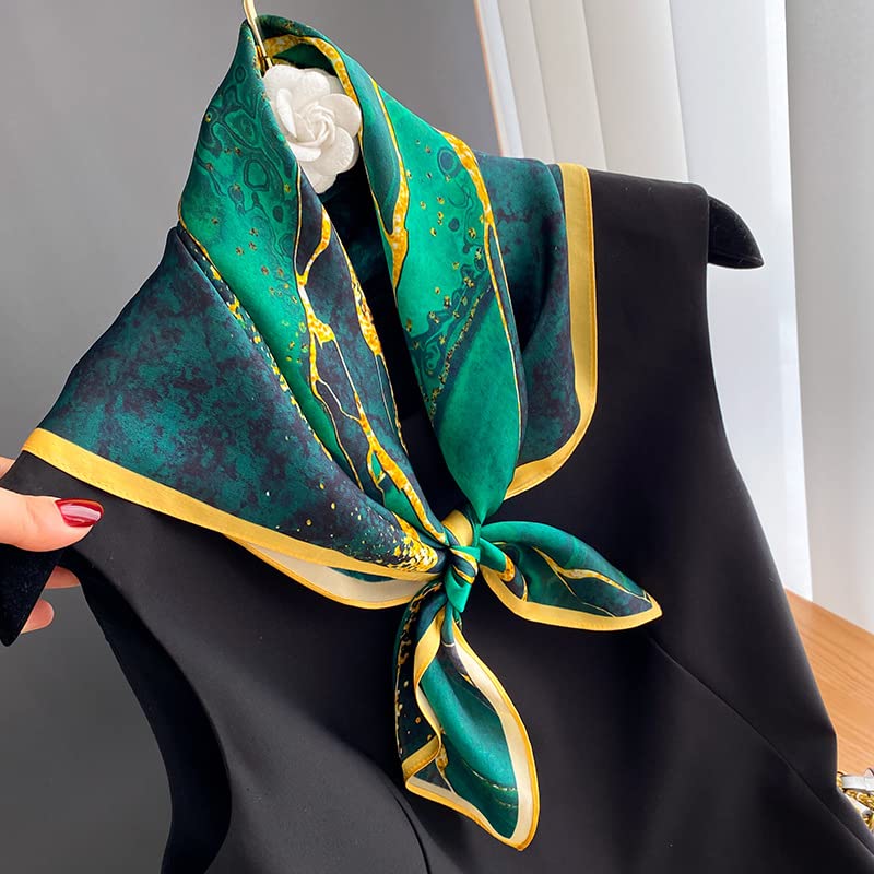 FEIBOON 100% Pure Mulberry Silk Scarfs 26"x26" Square Scarf Women Neckerchief Headscarf hair scarf bandana Gift Packed - color: Green + Gold