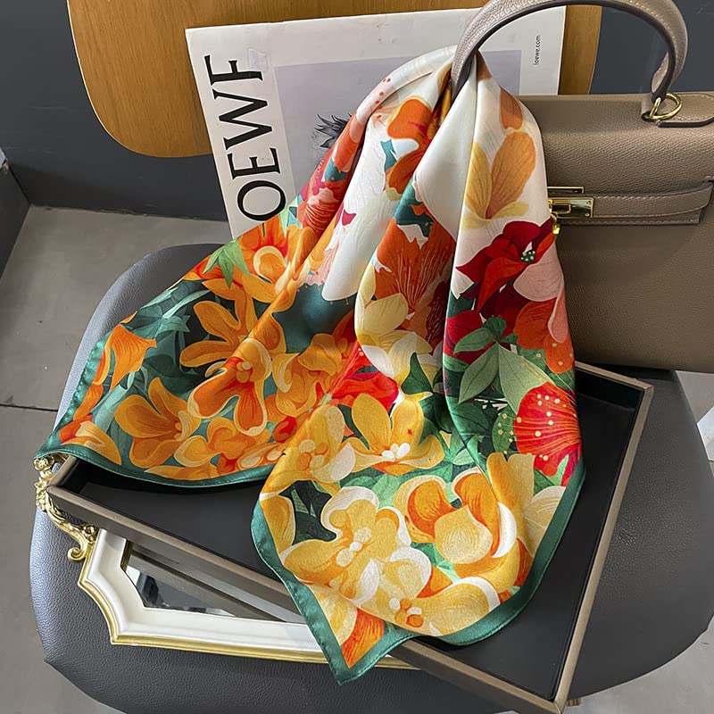 FEIBOON 100% Pure Mulberry Silk Scarfs 26"x26" Square Scarf Women Neckerchief Headscarf hair scarf bandana Gift Packed - color: Orange Green White Flowers