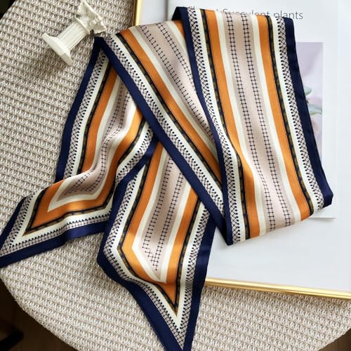 Silk Head Scarf for Hair Fashion Headwrap for Women Lightweight Neck Tie - color: X012-orange & Blue Geometry