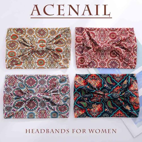 Acenail Wide Boho Headbands Turban Knotted Head Wraps Floral Elastic Non Slip Hairbands Workout Yoga Hair Scarfs Bohemian Fashion Hair Accessories for Women 4Pcs (Stylish) - color: Stylish