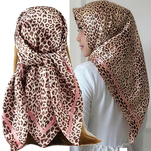 IZUS Women Fashion Leopard-Head-Scarf 35 inch-Large-Square Hair-Scarves Silk-Satin-Like Neck-Bandana Sleeping-Head-Wraps - color: Leopard-pink
