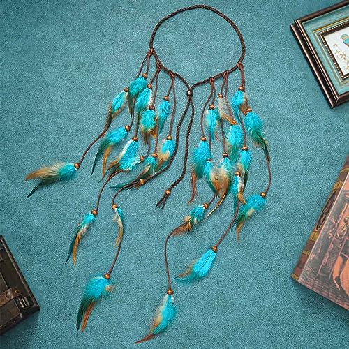 GORTIN Boho Feather Headband Gypsy Costume Headdress Black Bohemian Hippie Headbands Indian Festival Hair Band Adjust Long Feather Headpiece Hair Accessory for Women and Girls (Blue+Brown) - color: Blue+Brown
