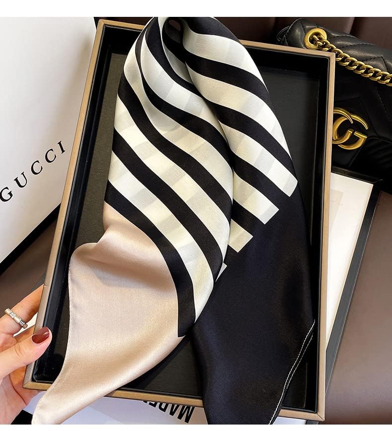 FEIBOON 100% Pure Mulberry Silk Scarfs 26"x26" Square Scarf Women Neckerchief Headscarf hair scarf bandana Gift Packed - color: Black and White Stripe