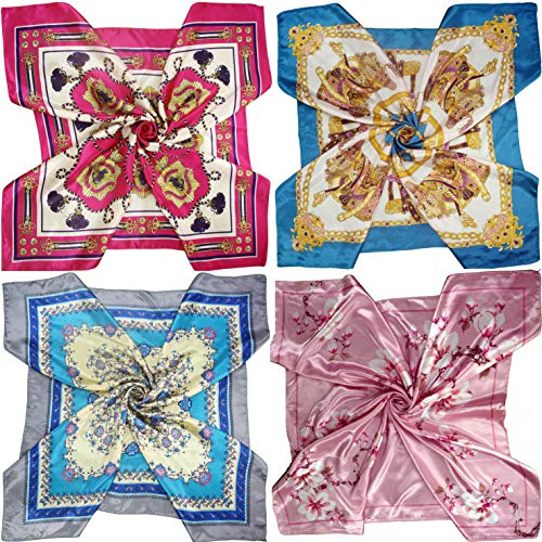 4 Pc Set Large 35 x 35 inches Satin Square Scarves Neck Hair Head Scarf Bundle - color: Set Y13
