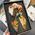 FEIBOON 100% Pure Mulberry Silk Scarfs 26"x26" Square Scarf Women Neckerchief Headscarf hair scarf bandana Gift Packed - color: Orange Green White Flowers