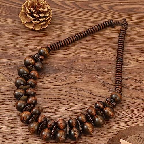 COLORFUL BLING Natural Chunky Wooden Beads Statement Necklace Boho African Tribal Collar Choker Bib Necklace Hippie Vacation Jewelry for Unisex Men Women - color: double dark