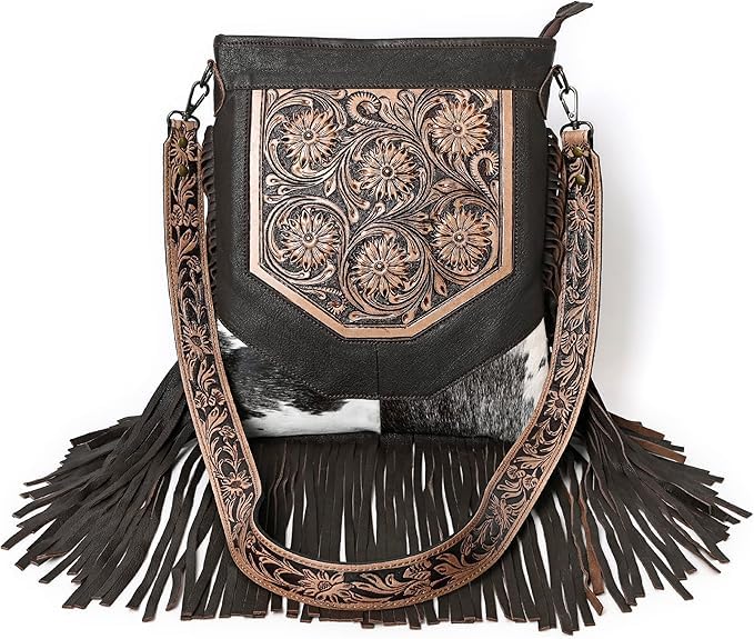 Merbaa Berlin hand-carved Fringed Shoulder Bag Natural Cowhide Hand Bag with Floral Hand Tooling - color: Brown