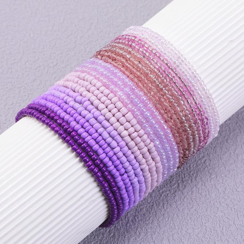 18-20PCS Colorful Bohemia Seed Beaded Bracelets Set Stackable Boho Stretch Bangle Bracelets Multilayer Boho Anket Concert Summer Beach Vaction Surf Jewelry Accessory - color: Purple-20pcs