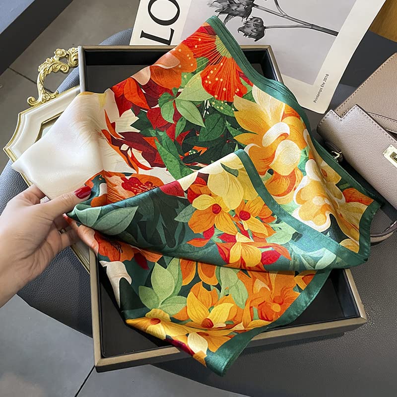 FEIBOON 100% Pure Mulberry Silk Scarfs 26"x26" Square Scarf Women Neckerchief Headscarf hair scarf bandana Gift Packed - color: Orange Green White Flowers