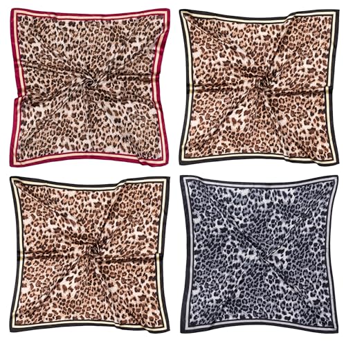 HBselect 4PCS Head Scarf for Women 35” Head Scarves Silk Like Satin Neck Scarfs Square Bandana Hair Wraps Scarf for Sleeping - color: Leopard Print