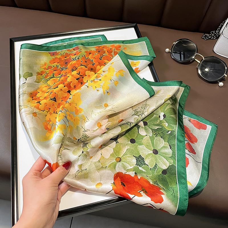 100% Mulberry Silk Neck Scarf - 21'' x 21'' Lightweight Neckerchief - Women Men Small Square Digital Printed Scarves - color: Flower005