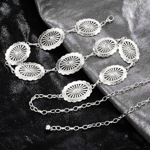 Women's Concho Chain Belt Western Cowgirl Metal Waist Chain Belt for Dress - color: A Silver, size: S: 41.3 in