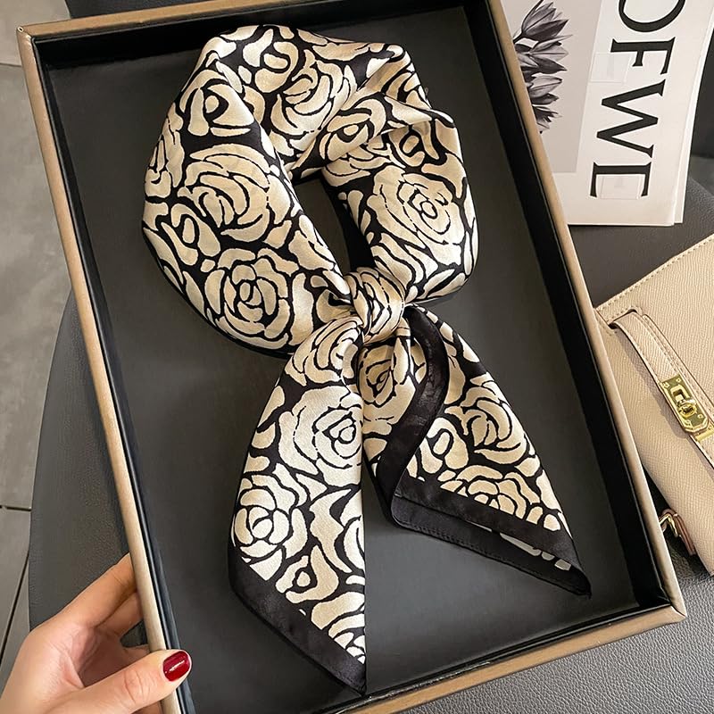 FEIBOON 100% Pure Mulberry Silk Scarfs 26"x26" Square Scarf Women Neckerchief Headscarf hair scarf bandana Gift Packed - color: Black Geometry