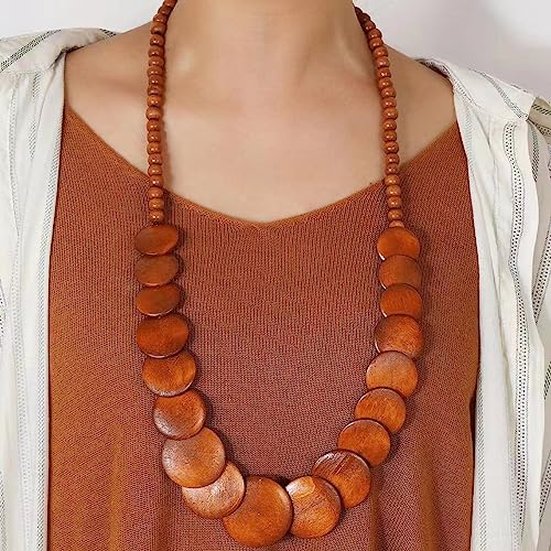 COLORFUL BLING Natural Chunky Wooden Beads Statement Necklace Boho African Tribal Collar Choker Bib Necklace Hippie Vacation Jewelry for Unisex Men Women - color: long brown