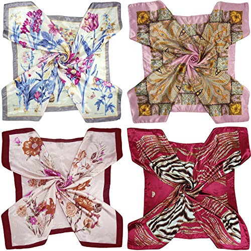 4 Pc Set Large 35 x 35 inches Satin Square Scarves Neck Hair Head Scarf Bundle - color: Set Y12