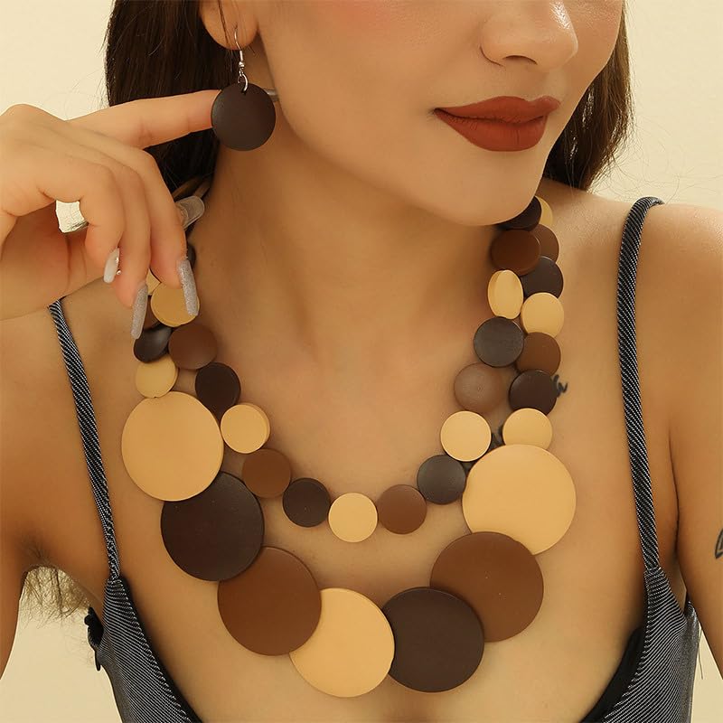 Chunky Wood Beaded Necklace Earrings Set African Tribal Collar Choker Necklace Geometric Ethnic Statement Jewelry - color: brown