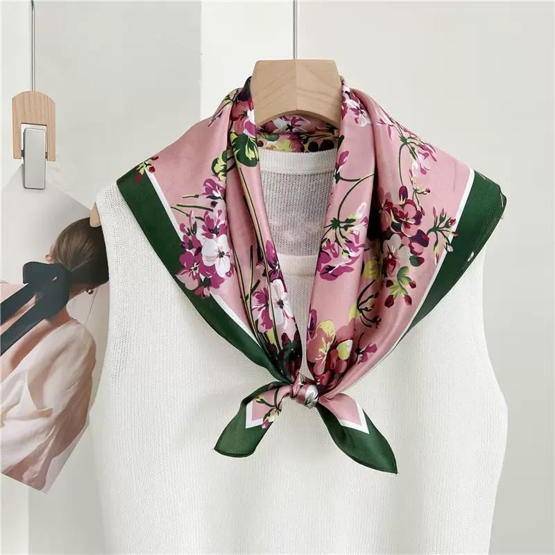 ANDANTINO 100% Mulberry Silk Square Scarf for Hair-25.6" X25.6'' Women Men Natural Silk Neckerchief Digital Printed Headscarf - color: Flowers-pink&green
