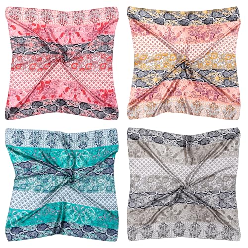 HBselect 4PCS Head Scarf for Women 35” Head Scarves Silk Like Satin Neck Scarfs Square Bandana Hair Wraps Scarf for Sleeping - color: Pink, Grey, Blue, Rose Red