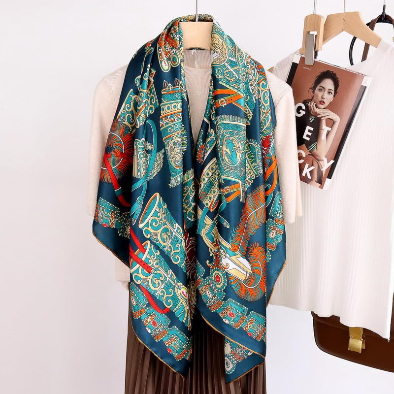 100% Pure Mulberry Silk Scarf 43”*43” Large Square Lightweight Headscarf Women’s Hair Wraps Shawls with Gift Packed - color: Blue-green-orange