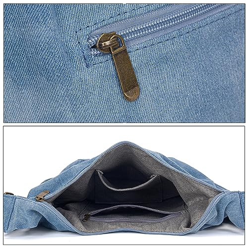 Coton Pose Women Hippie Crossbody Bag - Top Zip Large Capacity Canvas Sling Bag - Jacquard Cloth Handmade - color: Denim Blue