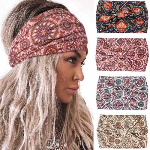 Acenail Wide Boho Headbands Turban Knotted Head Wraps Floral Elastic Non Slip Hairbands Workout Yoga Hair Scarfs Bohemian Fashion Hair Accessories for Women 4Pcs (Stylish) - color: Stylish
