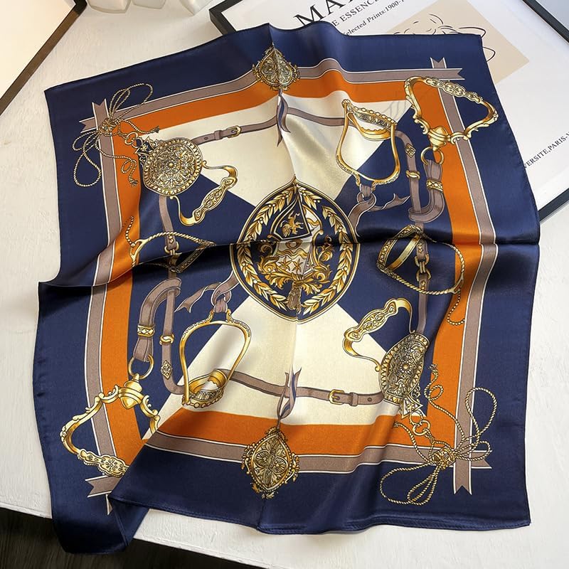 100% Mulberry Silk Neck Scarf - 21'' x 21'' Lightweight Neckerchief - Women Men Small Square Digital Printed Scarves - color: Dark Blue