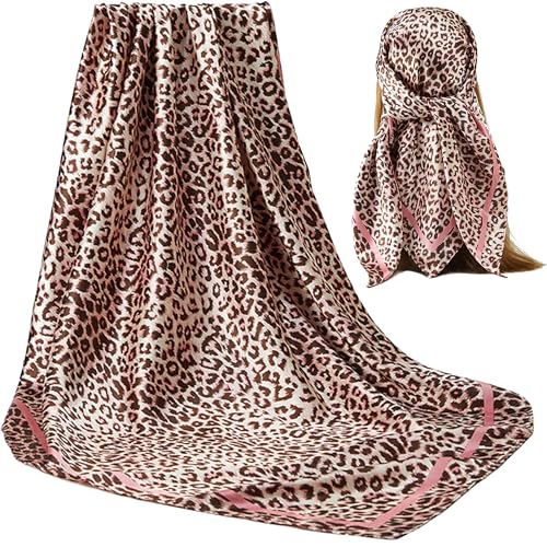 IZUS Women Fashion Leopard-Head-Scarf 35 inch-Large-Square Hair-Scarves Silk-Satin-Like Neck-Bandana Sleeping-Head-Wraps - color: Leopard-pink