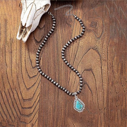 coadipress Navajo Pearl Necklace Western Jewelry for Women Boho Beaded Choker Necklaces Vintage Turquoise Pendant Cowgirl Necklace - style: Rhombus