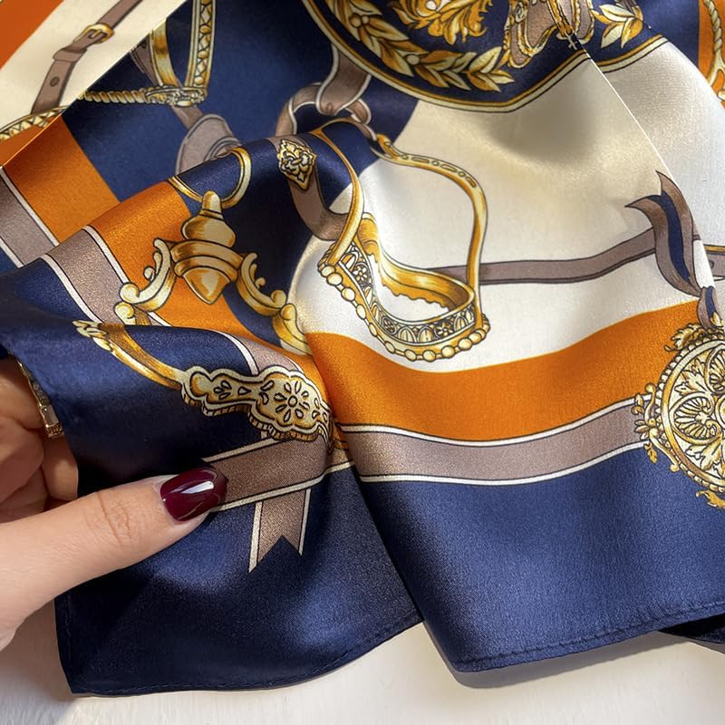 100% Mulberry Silk Neck Scarf - 21'' x 21'' Lightweight Neckerchief - Women Men Small Square Digital Printed Scarves - color: Dark Blue