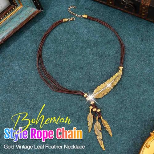 Yean Bohemian Style Rope Chain Vintage Leaf Feather Pattern Pendant Necklace for Women