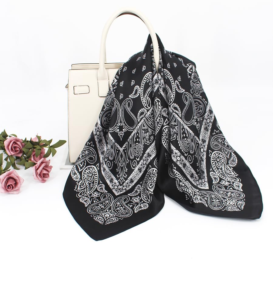 ANDANTINO 100% Mulberry Silk Square Scarf for Hair-25.6" X25.6'' Women Men Natural Silk Neckerchief Digital Printed Headscarf - color: Black&white Paisley
