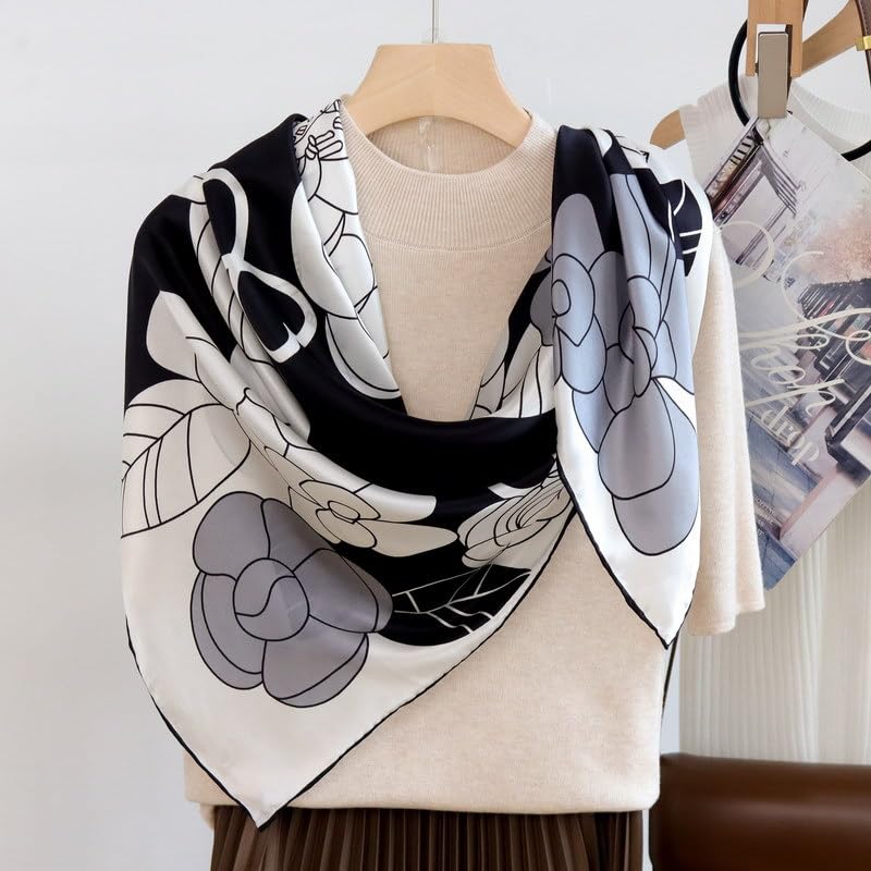 100% Pure Mulberry Silk Scarf 43”*43” Large Square Lightweight Headscarf Women’s Hair Wraps Shawls with Gift Packed - color: Black White Gray Roses