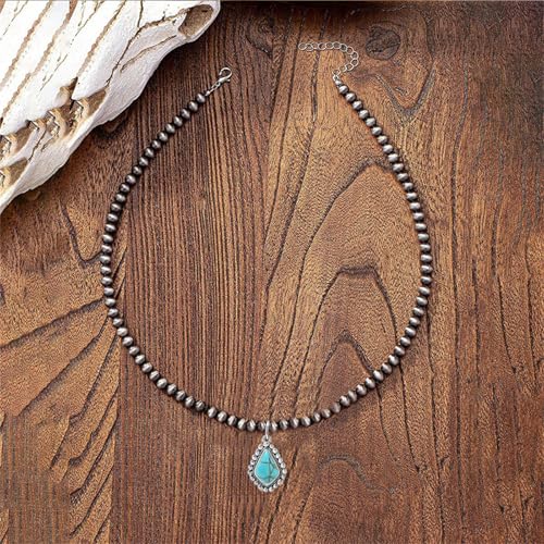 coadipress Navajo Pearl Necklace Western Jewelry for Women Boho Beaded Choker Necklaces Vintage Turquoise Pendant Cowgirl Necklace - style: Rhombus
