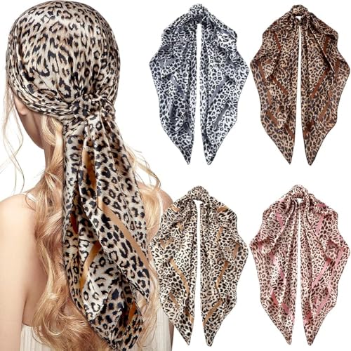 INOGIH 35'' Leopard-Print Satin-Bandana-Headscarf - Light Head Wraps Neck Face Scarves Cover for Women - color: Light Khaki