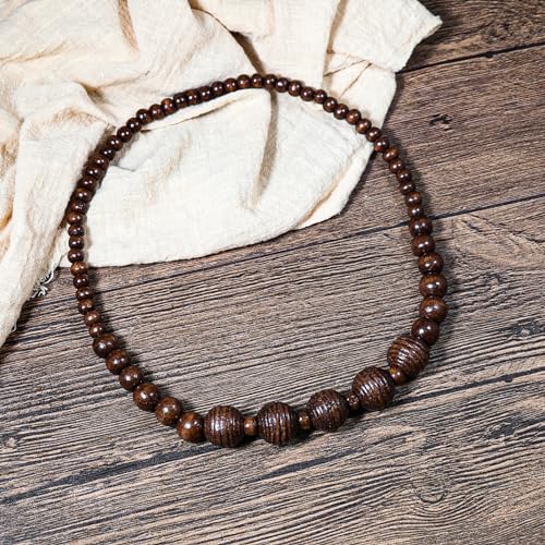 COLORFUL BLING Natural Chunky Wooden Beads Statement Necklace Boho African Tribal Collar Choker Bib Necklace Hippie Vacation Jewelry for Unisex Men Women - color: grooved dark
