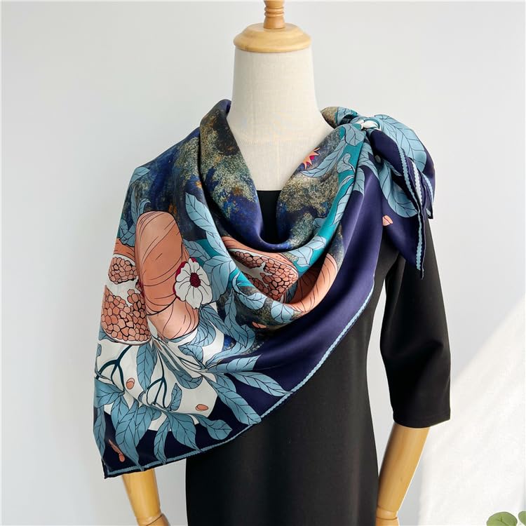 100% Pure Mulberry Silk Scarf 43”*43” Large Square Lightweight Headscarf Women’s Hair Wraps Shawls with Gift Packed - color: Fresh Dark Blue Flowers
