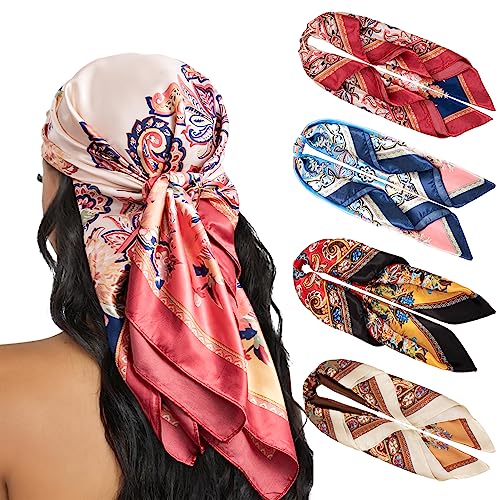 HBselect 4PCS Head Scarf for Women 35” Head Scarves Silk Like Satin Neck Scarfs Square Bandana Hair Wraps Scarf for Sleeping - color: Red, Blue, Brown, Beige