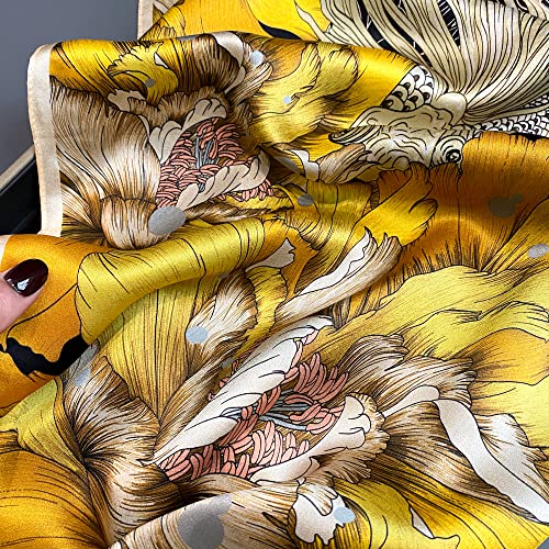 FEIBOON 100% Pure Mulberry Silk Scarfs 26"x26" Square Scarf Women Neckerchief Headscarf hair scarf bandana Gift Packed - color: Black+yellow Flowers