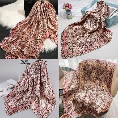 IZUS Women Fashion Leopard-Head-Scarf 35 inch-Large-Square Hair-Scarves Silk-Satin-Like Neck-Bandana Sleeping-Head-Wraps - color: Leopard-pink