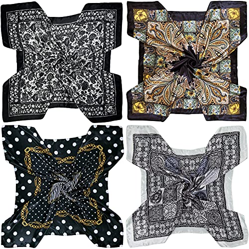 4 Pc Set Large 35 x 35 inches Satin Square Scarves Neck Hair Head Scarf Bundle - color: Set D