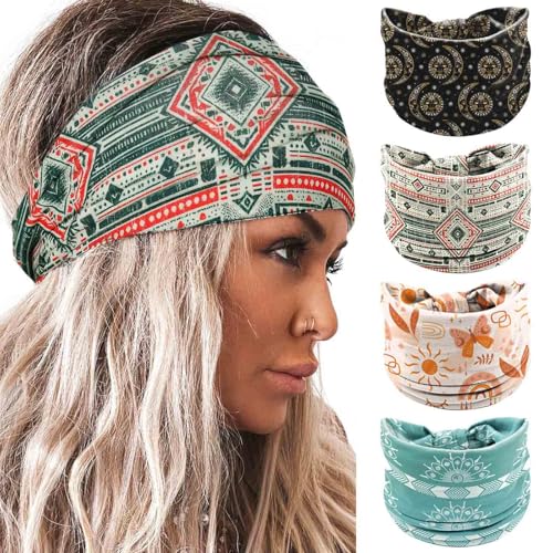 Acenail Boho Wide Headbands Floral Printed Turban Head Wraps Knotted Non Slip Hairbands Elastic Workout Running Yoga Hair Scarfs Bohemian Hair Accessories for Women 4Pcs (Bohemian) - color: Bohemian