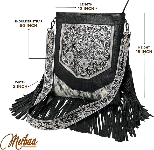 Merbaa Berlin hand-carved Fringed Shoulder Bag Natural Cowhide Hand Bag with Floral Hand Tooling - color: Black