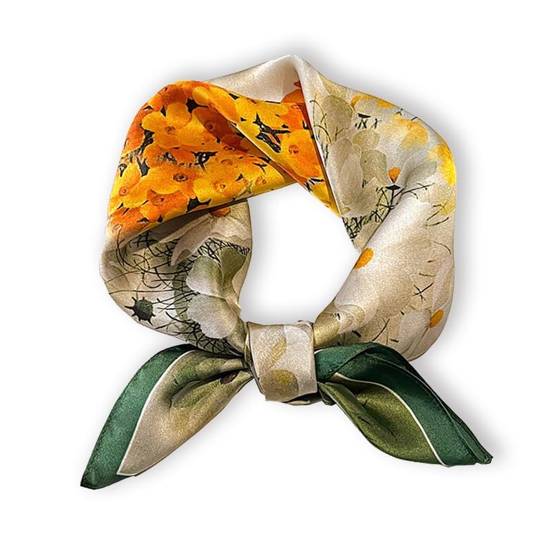 100% Mulberry Silk Neck Scarf - 21'' x 21'' Lightweight Neckerchief - Women Men Small Square Digital Printed Scarves - color: Flower005