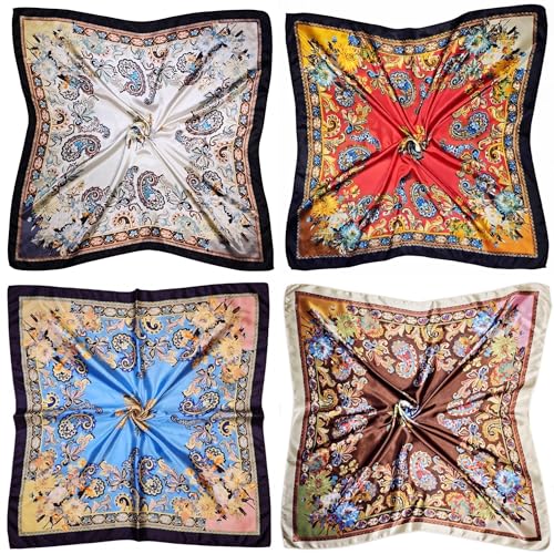 4 Pc Set Large 35 x 35 inches Satin Square Scarves Neck Hair Head Scarf Bundle - color: Set N